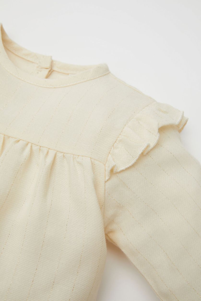 Baby Girl Ecru Baby Girl Crew Neck Twill Long Sleeve Shirt