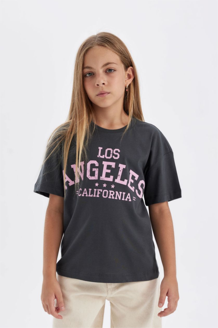 Kız Çocuk - Genç Kız Antrasit Relax Fit Bisiklet Yaka Baskılı Kısa Kollu Tişört Kız Çocuk