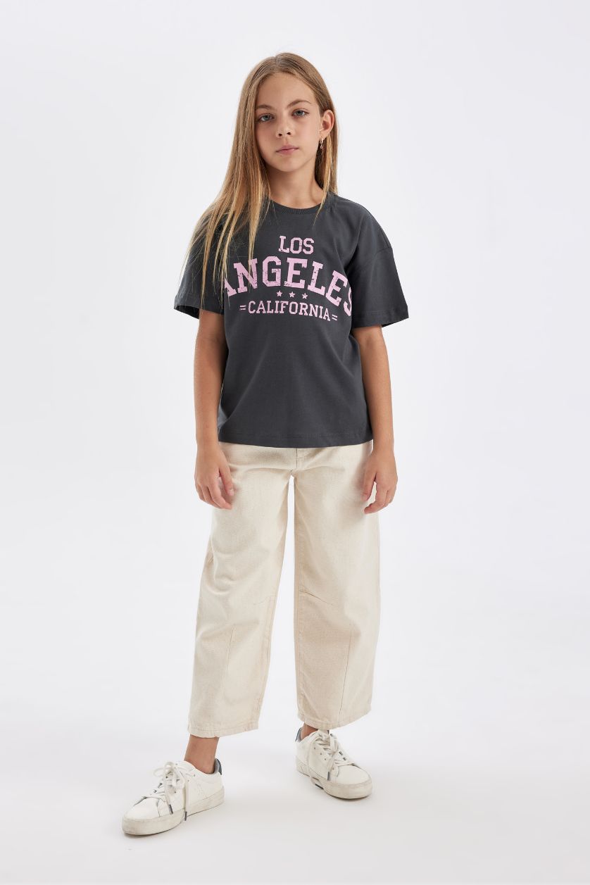 Kız Çocuk - Genç Kız Antrasit Relax Fit Bisiklet Yaka Baskılı Kısa Kollu Tişört Kız Çocuk