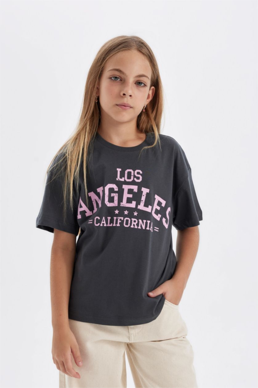 Kız Çocuk - Genç Kız Antrasit Relax Fit Bisiklet Yaka Baskılı Kısa Kollu Tişört Kız Çocuk