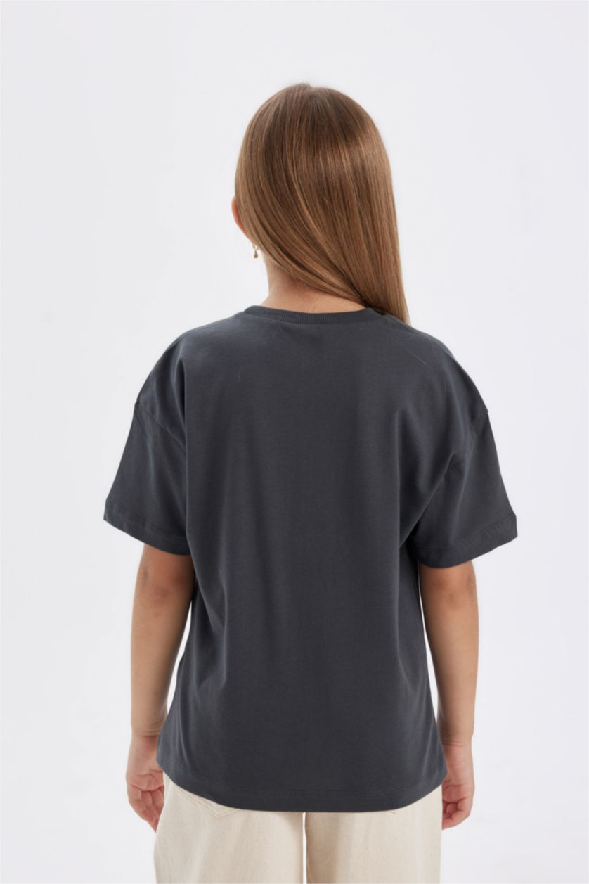 Kız Çocuk - Genç Kız Antrasit Relax Fit Bisiklet Yaka Baskılı Kısa Kollu Tişört Kız Çocuk