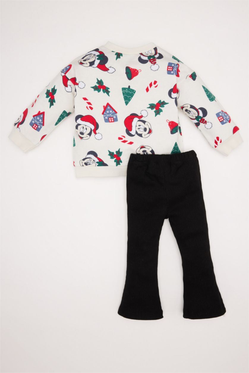 Kız Bebek Ekru Yılbaşı Temalı 2'li Takım Disney Mickey & Minnie Sweatshirt İspanyol Paça Alt Kız Bebek