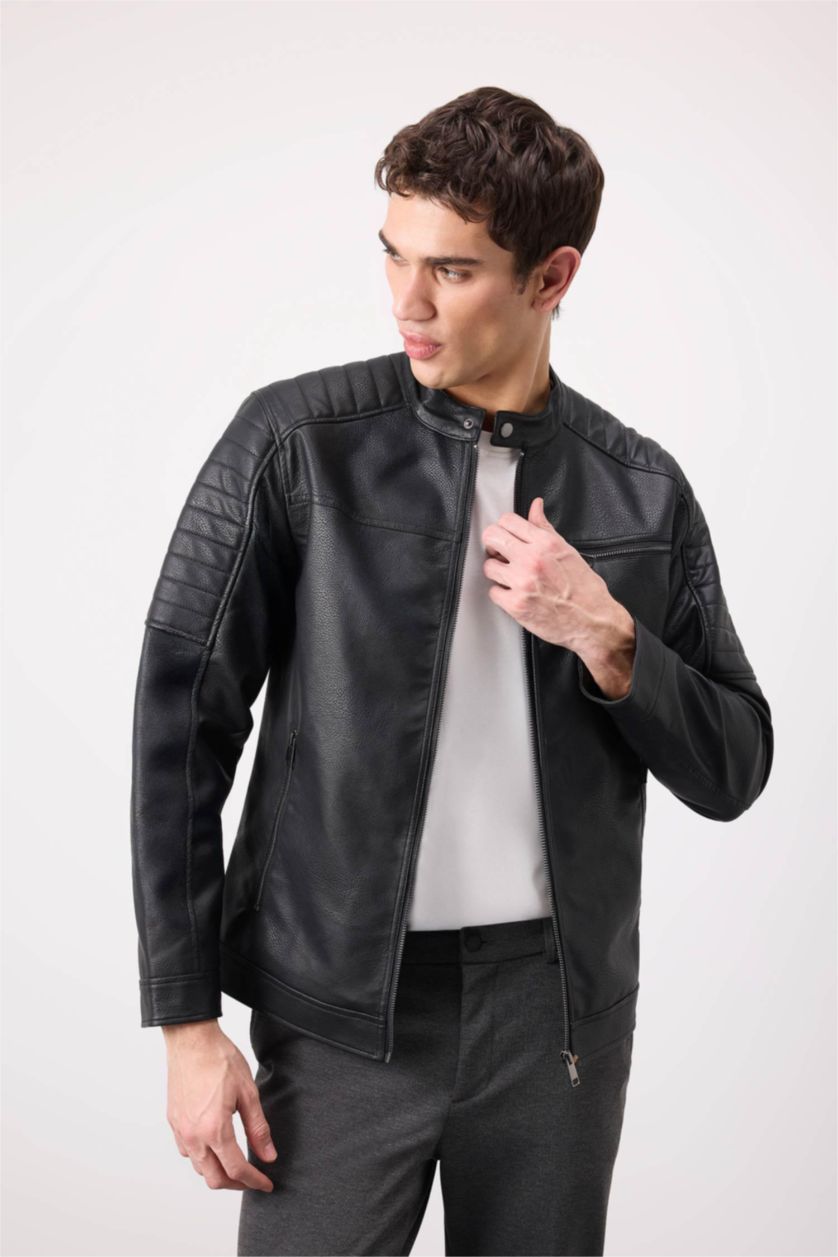 Erkek Siyah Su İtici Slim Fit Dar Kesim Dik Yaka Fermuarlı Cepli Suni Deri Mont