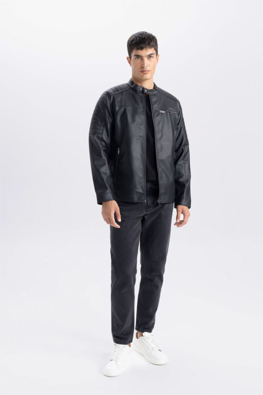 Erkek Siyah Su İtici Slim Fit Dar Kesim Dik Yaka Fermuarlı Cepli Suni Deri Mont