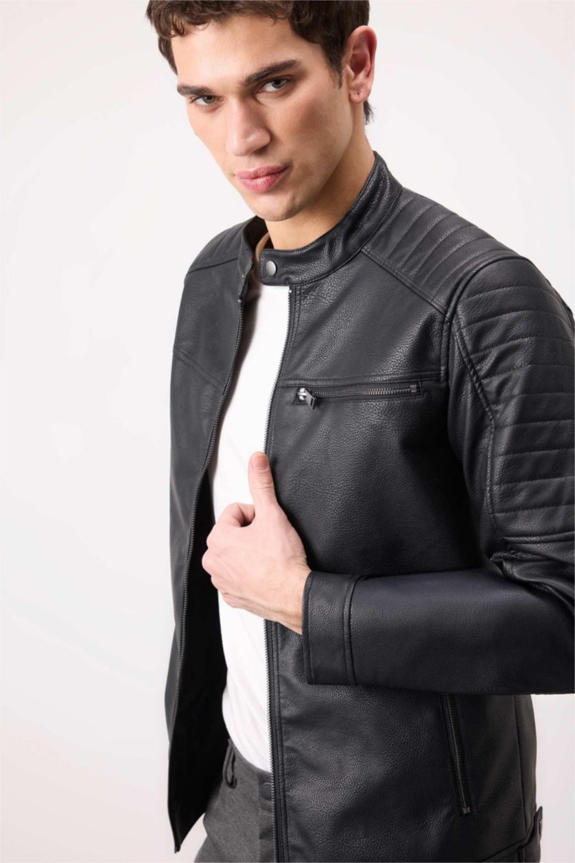 Erkek Siyah Su İtici Slim Fit Dar Kesim Dik Yaka Fermuarlı Cepli Suni Deri Mont