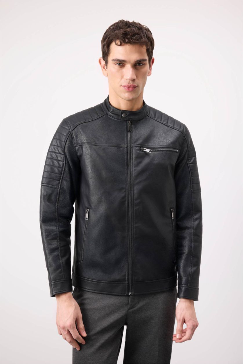 Erkek Siyah Su İtici Slim Fit Dar Kesim Dik Yaka Fermuarlı Cepli Suni Deri Mont