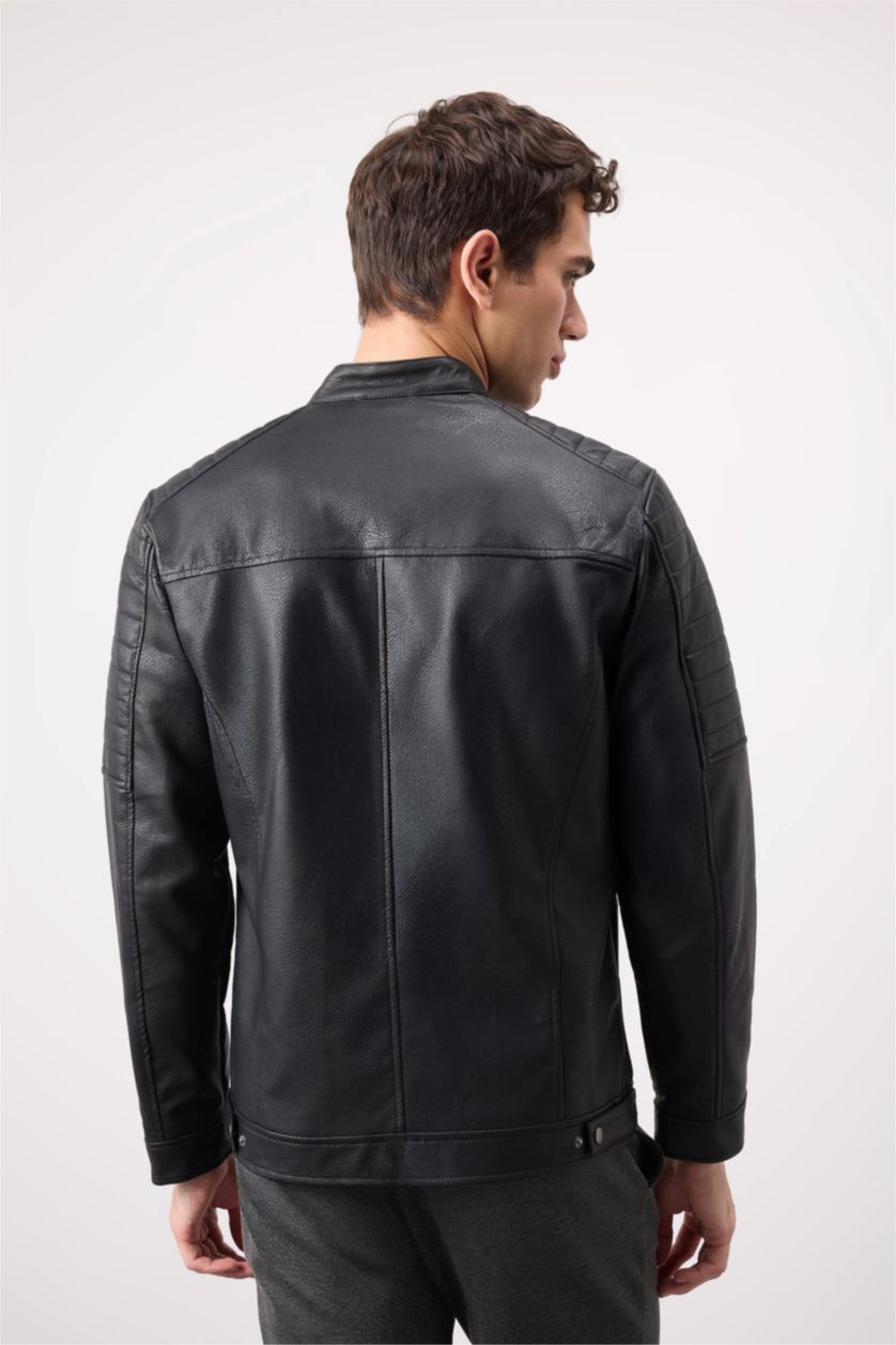 Erkek Siyah Su İtici Slim Fit Dar Kesim Dik Yaka Fermuarlı Cepli Suni Deri Mont