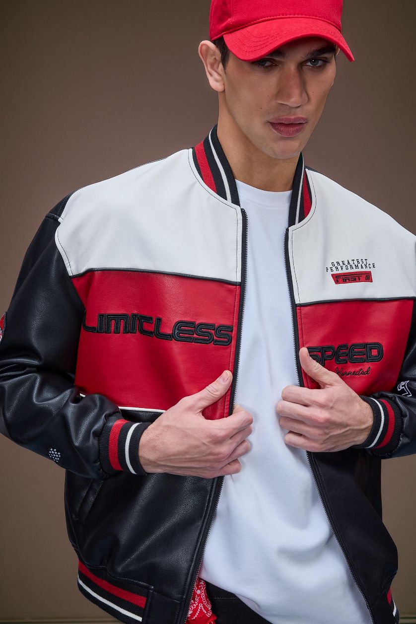 Erkek Siyah Su İtici Oversize Geniş Kalıp Bomber Kolej Yaka Fermuarlı Cepli Suni Deri Mevsimlik Mont