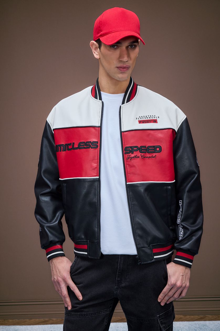 Erkek Siyah Su İtici Oversize Geniş Kalıp Bomber Kolej Yaka Fermuarlı Cepli Suni Deri Mevsimlik Mont