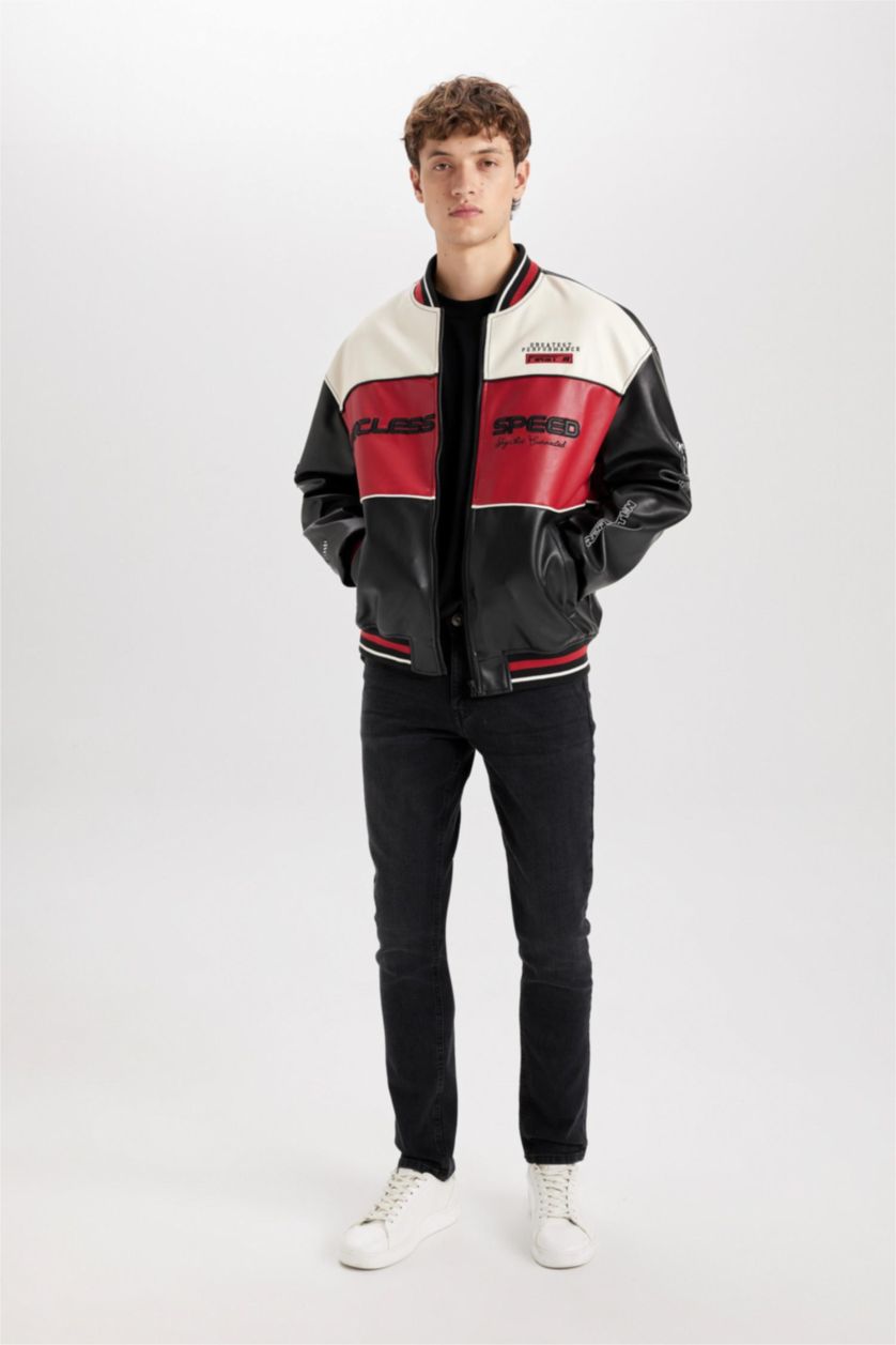 Erkek Siyah Su İtici Oversize Geniş Kalıp Bomber Kolej Yaka Fermuarlı Cepli Suni Deri Mevsimlik Mont