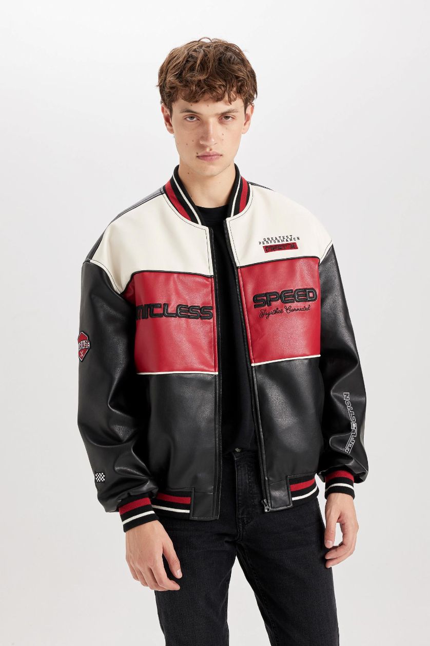 Erkek Siyah Su İtici Oversize Geniş Kalıp Bomber Kolej Yaka Fermuarlı Cepli Suni Deri Mevsimlik Mont