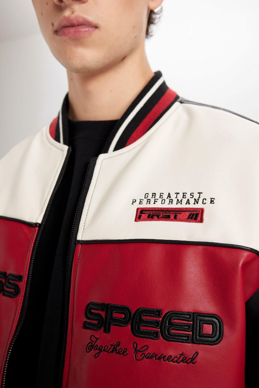 Erkek Siyah Su İtici Oversize Geniş Kalıp Bomber Kolej Yaka Fermuarlı Cepli Suni Deri Mevsimlik Mont