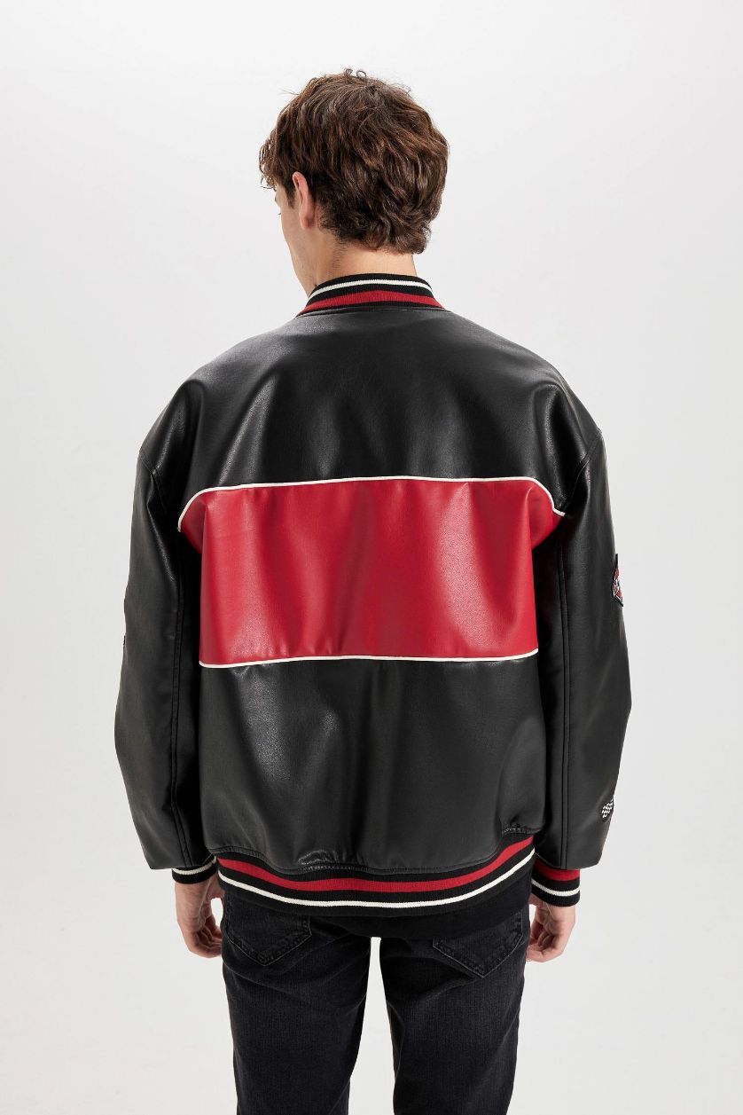 Erkek Siyah Su İtici Oversize Geniş Kalıp Bomber Kolej Yaka Fermuarlı Cepli Suni Deri Mevsimlik Mont