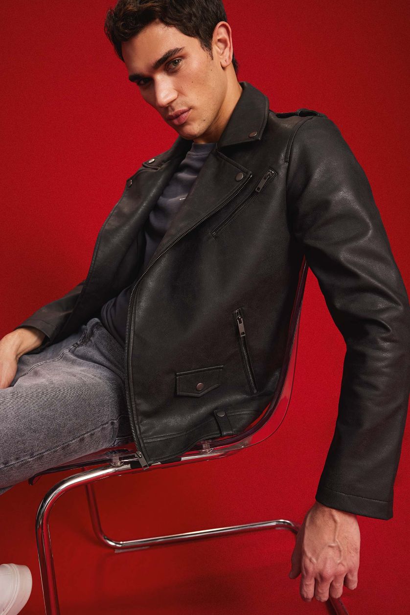 Erkek Siyah Su İtici Gömlek Yaka Fermuarlı Cepli Omuz Detaylı Suni Deri Mont