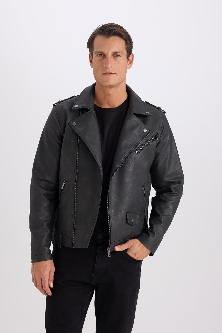 Erkek Siyah Su İtici Gömlek Yaka Fermuarlı Cepli Omuz Detaylı Suni Deri Mont