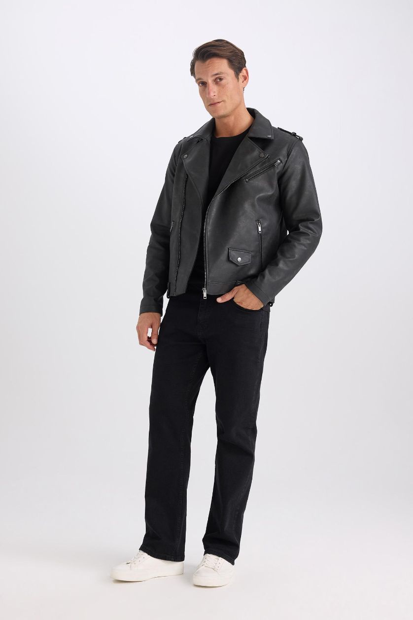 Erkek Siyah Su İtici Gömlek Yaka Fermuarlı Cepli Omuz Detaylı Suni Deri Mont