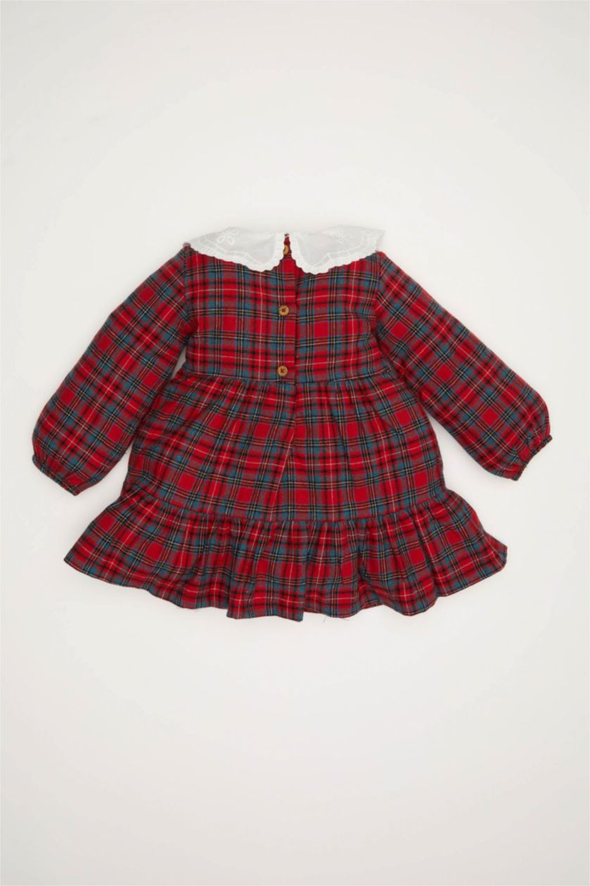 Kız Bebek Kırmızı Yılbaşı Temalı Kareli Uzun Kollu Flanel Elbise Kız Bebek