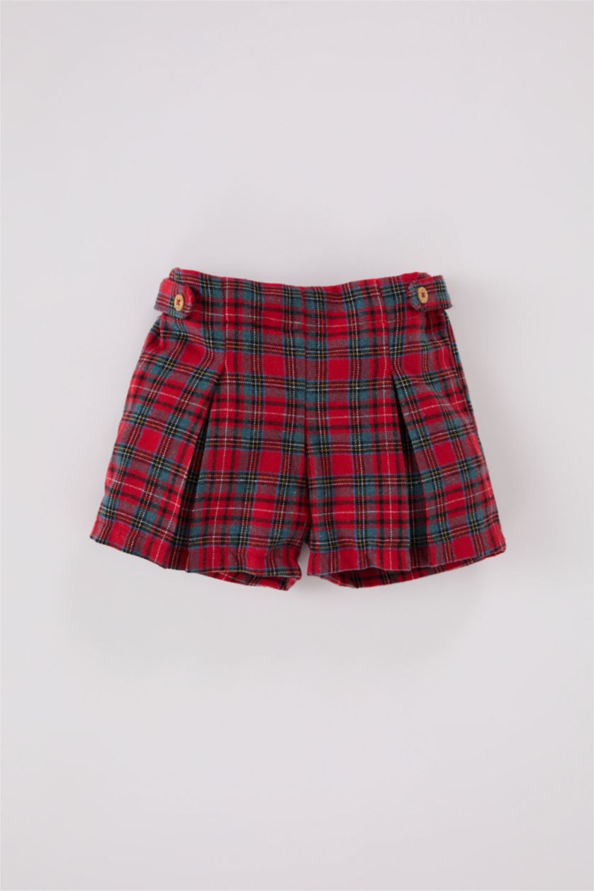 Kız Bebek Kırmızı Kız Bebek 2'li Takım Büyük Yaka Uzun Kollu Üst Kareli Şort