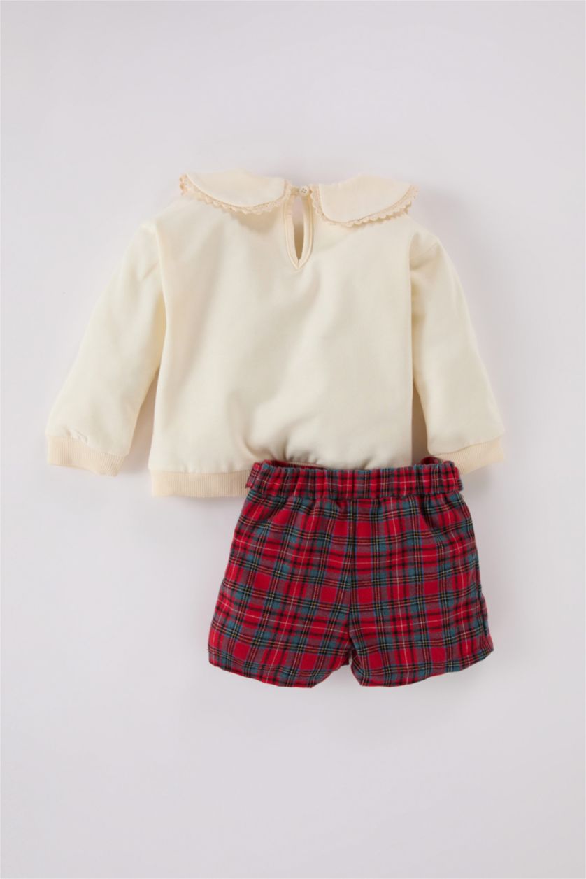 Kız Bebek Kırmızı Kız Bebek 2'li Takım Büyük Yaka Uzun Kollu Üst Kareli Şort