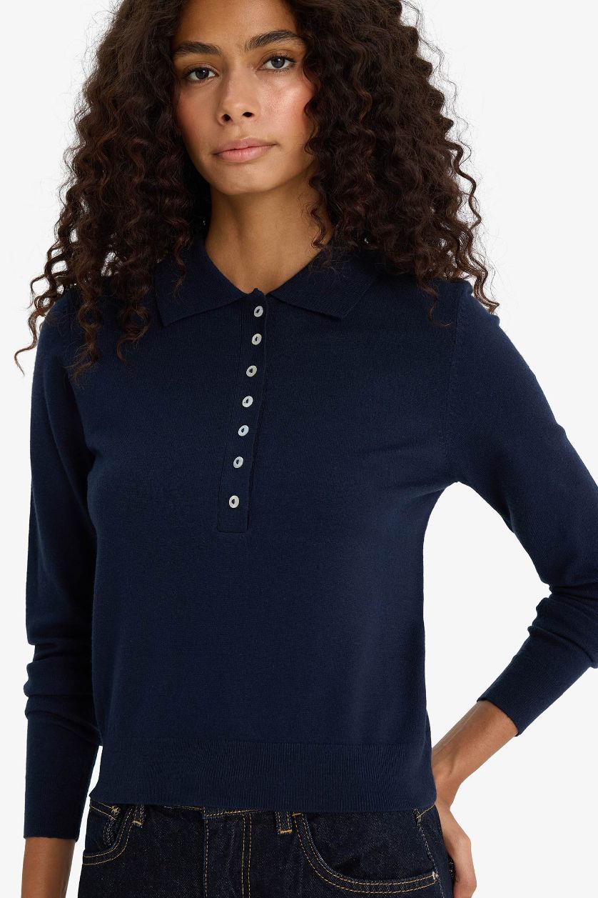 Kadın Lacivert Regular Fit Polo Yaka Basic Düz Triko Kazak