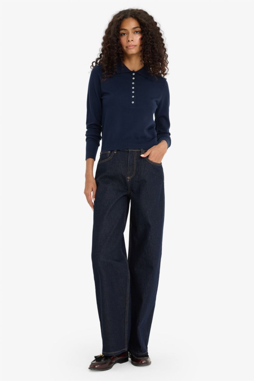 Kadın Lacivert Regular Fit Polo Yaka Basic Düz Triko Kazak