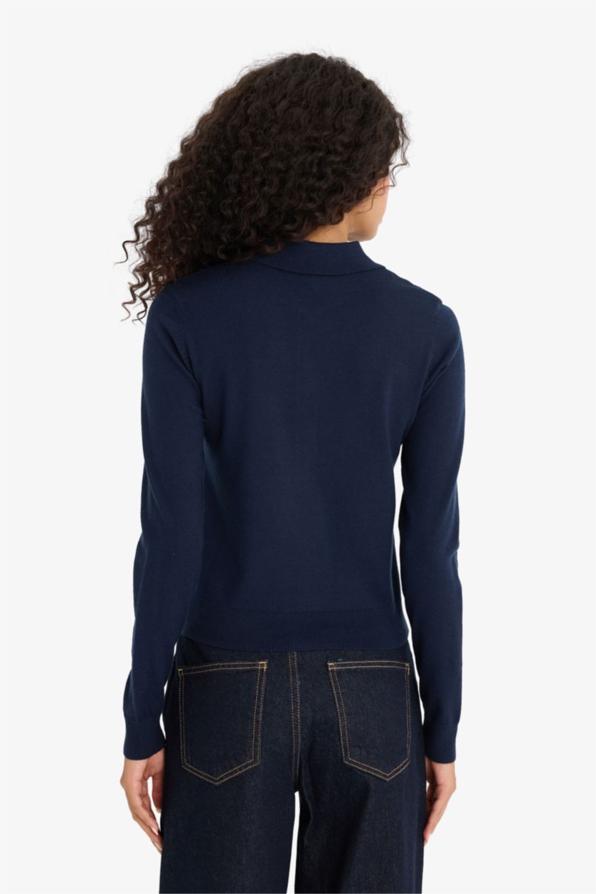 Kadın Lacivert Regular Fit Polo Yaka Basic Düz Triko Kazak