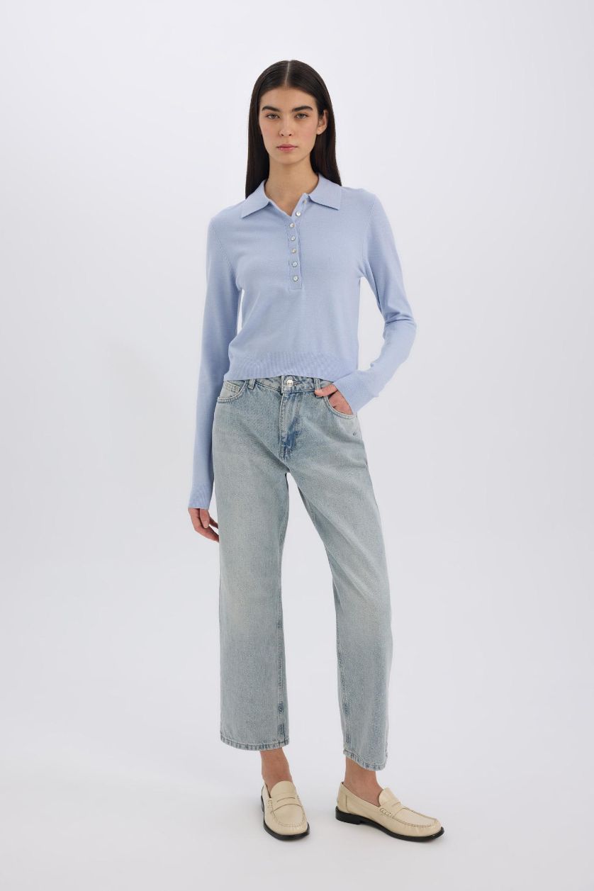 Kadın Açık Mavi Regular Fit Polo Yaka Basic Düz Triko Kazak