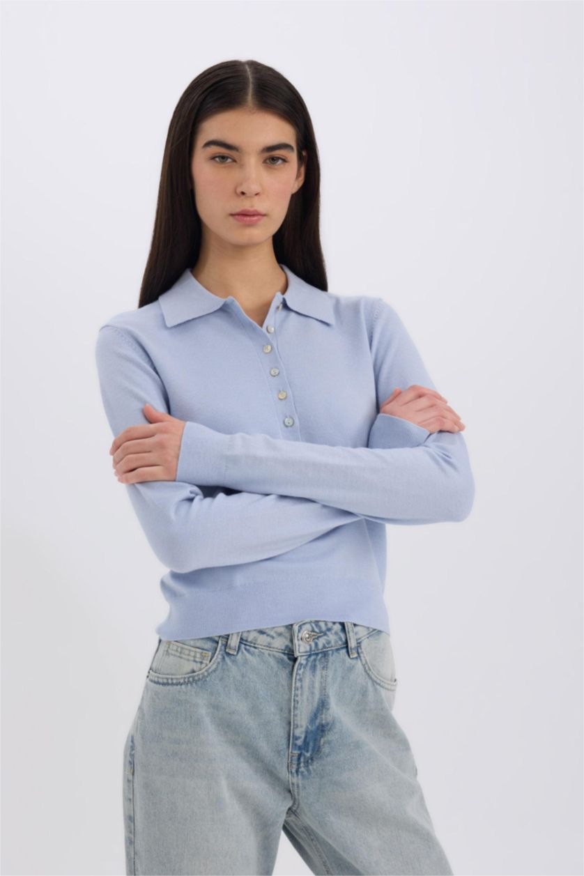 Kadın Açık Mavi Regular Fit Polo Yaka Basic Düz Triko Kazak