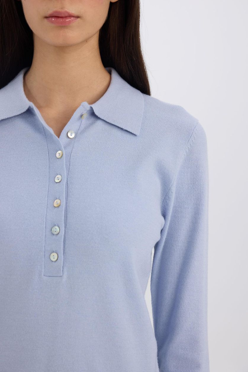 Kadın Açık Mavi Regular Fit Polo Yaka Basic Düz Triko Kazak