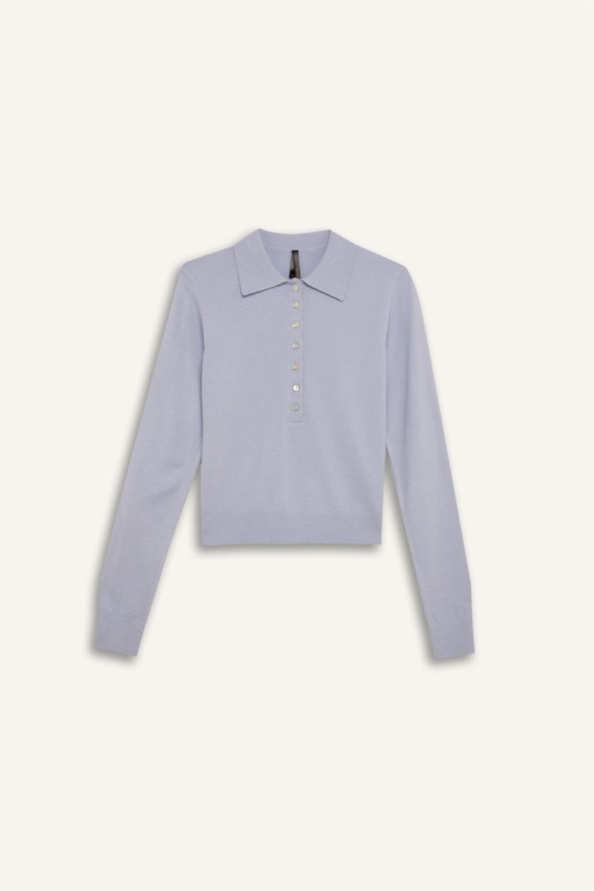 Kadın Açık Mavi Regular Fit Polo Yaka Basic Düz Triko Kazak