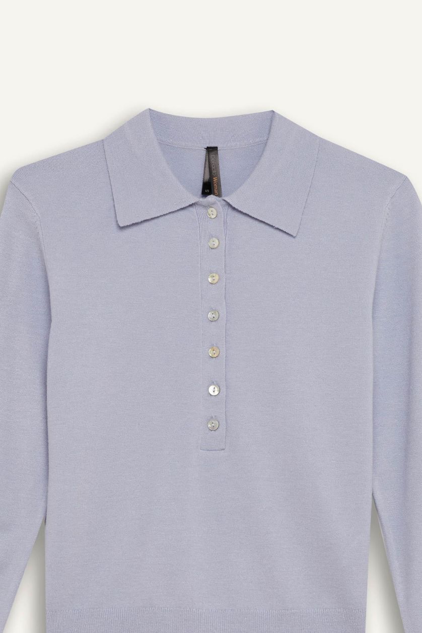 Kadın Açık Mavi Regular Fit Polo Yaka Basic Düz Triko Kazak