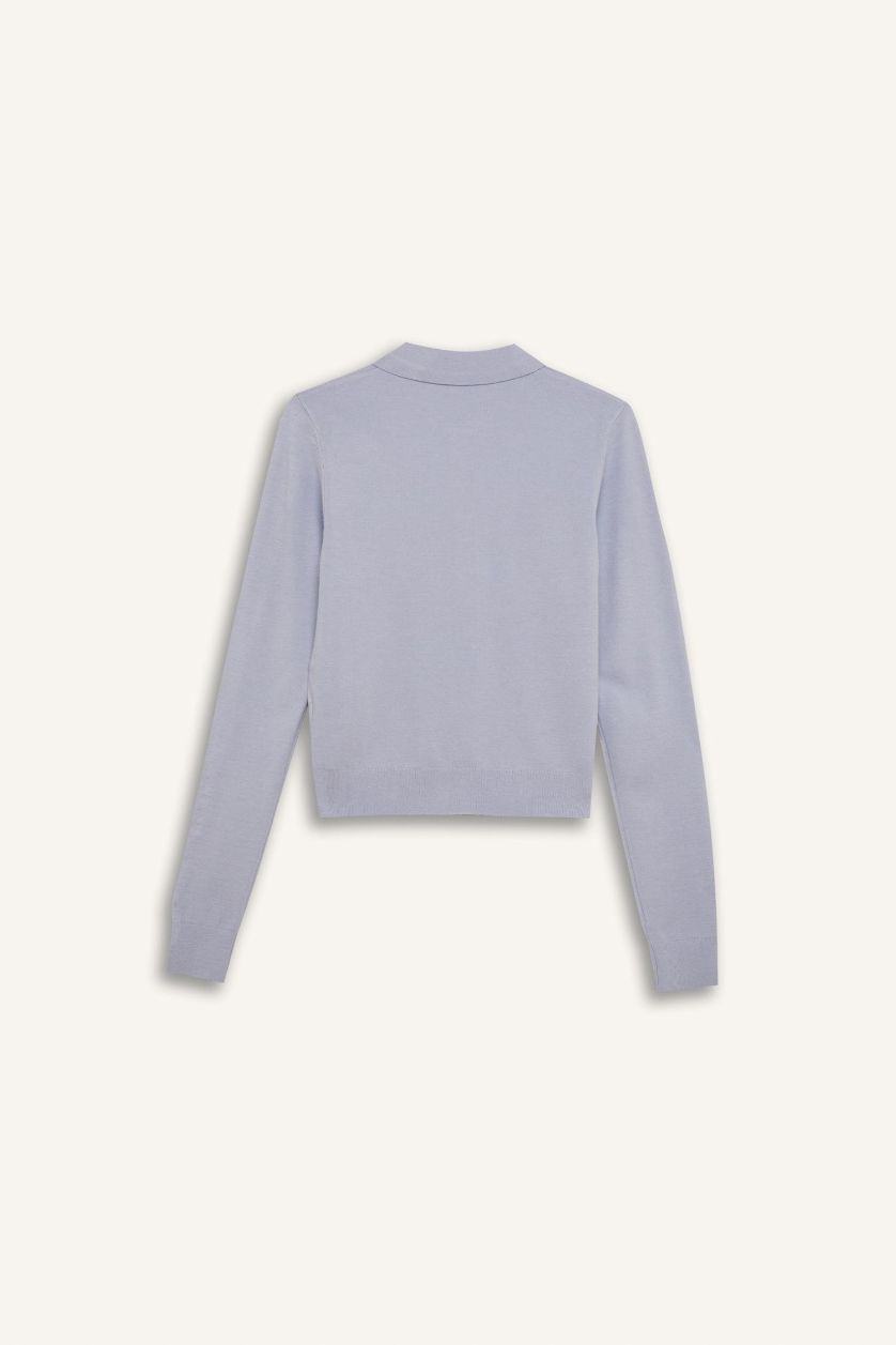 Kadın Açık Mavi Regular Fit Polo Yaka Basic Düz Triko Kazak