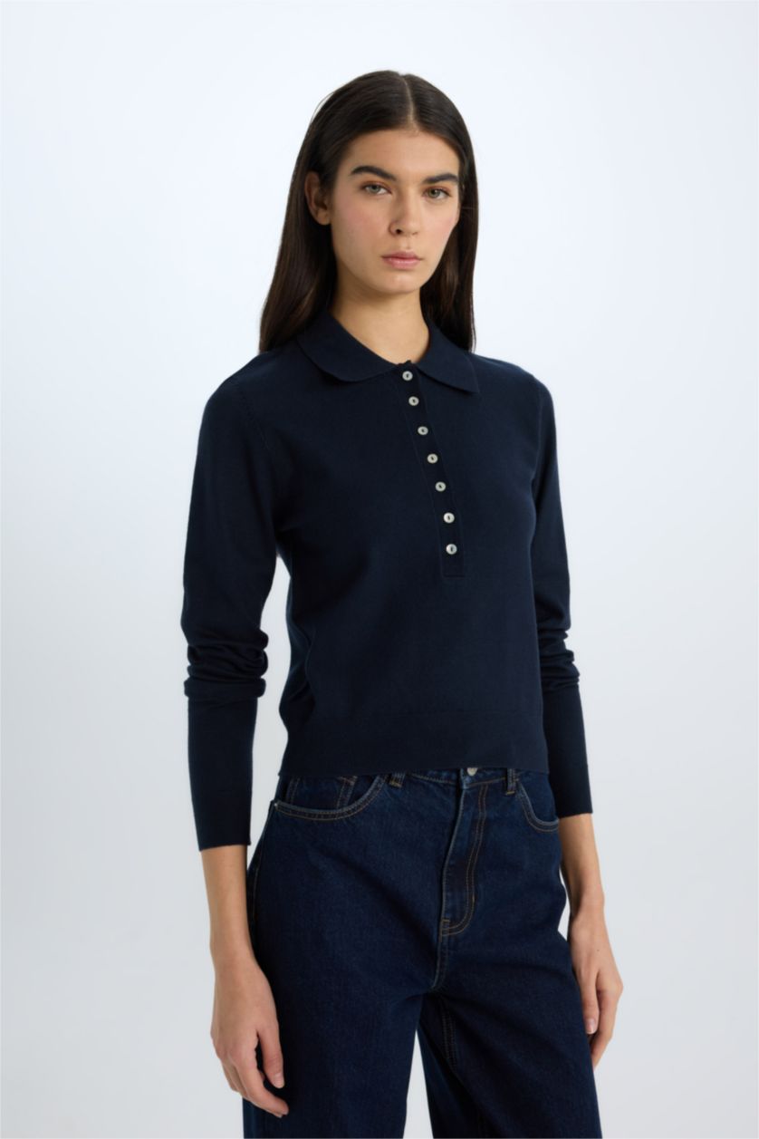 WOMAN NAVY Regular Fit Polo Neck Basic Knitwear Pullover