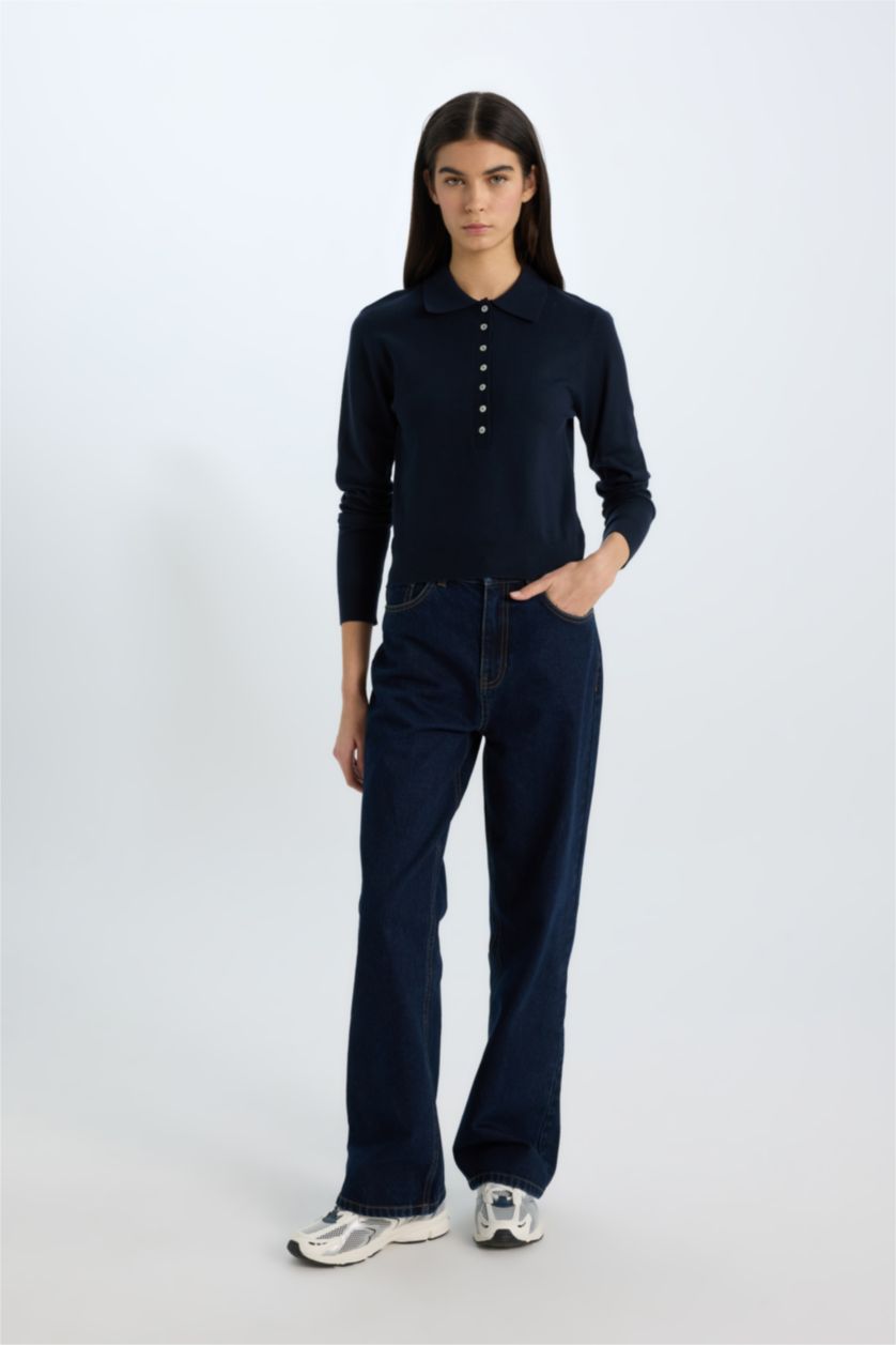 WOMAN NAVY Regular Fit Polo Neck Basic Knitwear Pullover