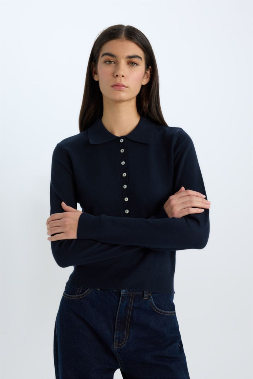 WOMAN NAVY Regular Fit Polo Neck Basic Knitwear Pullover