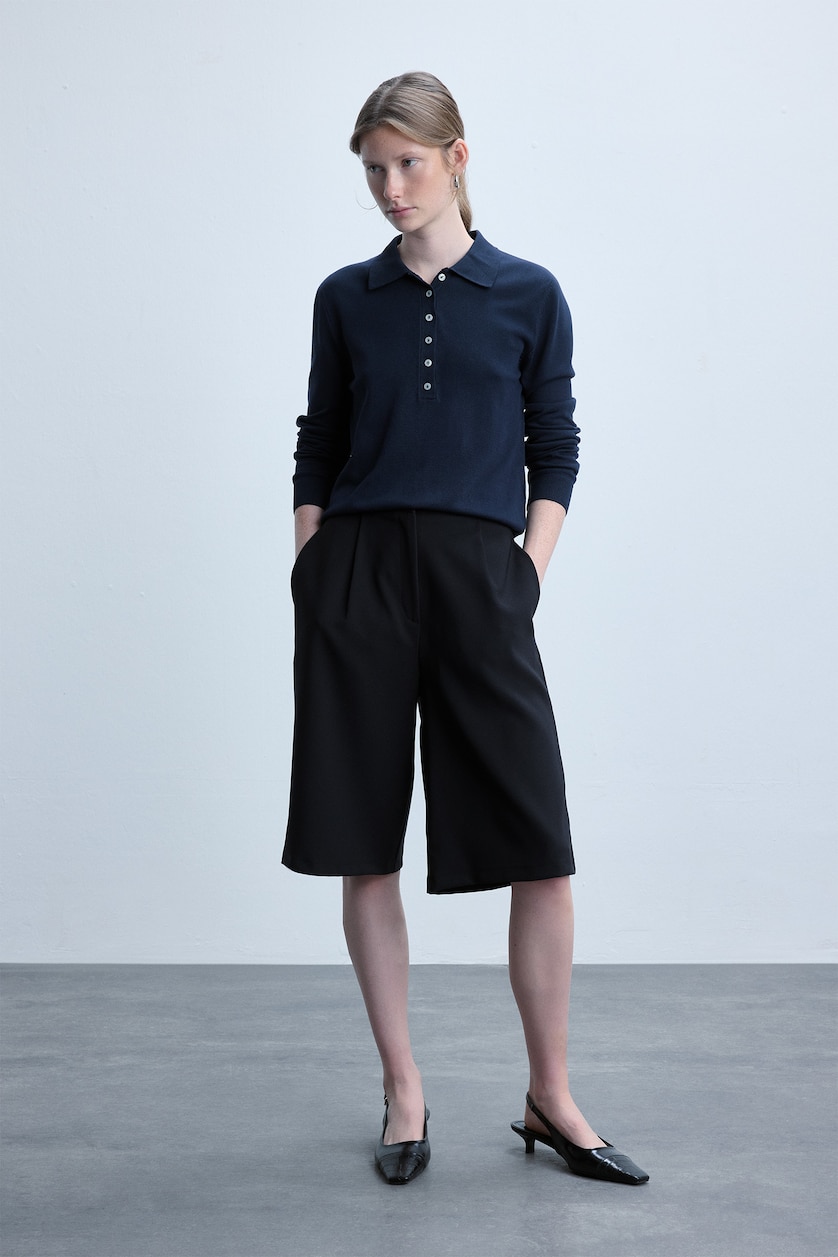 Women NAVY Regular Fit Knitted Polo Collar Sweater