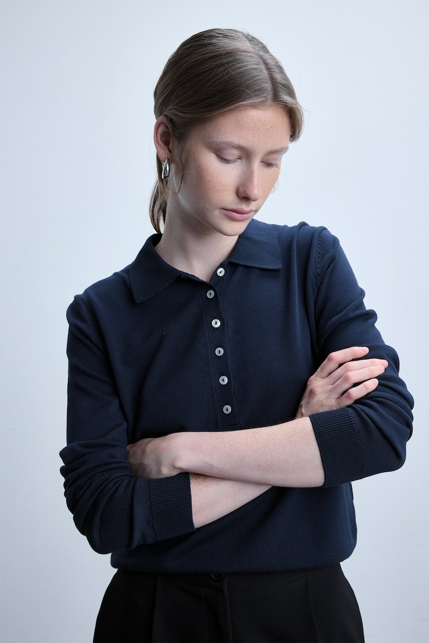 Women NAVY Regular Fit Knitted Polo Collar Sweater