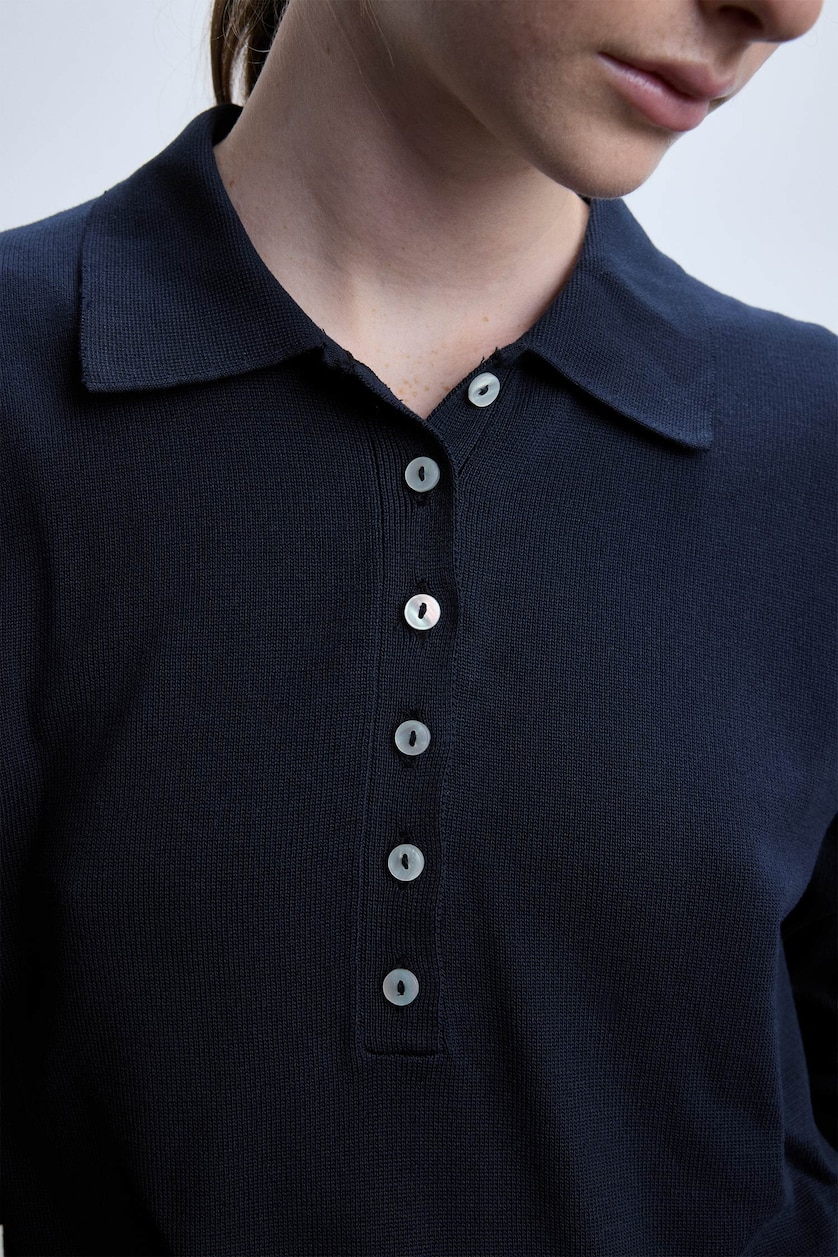 Women NAVY Regular Fit Knitted Polo Collar Sweater