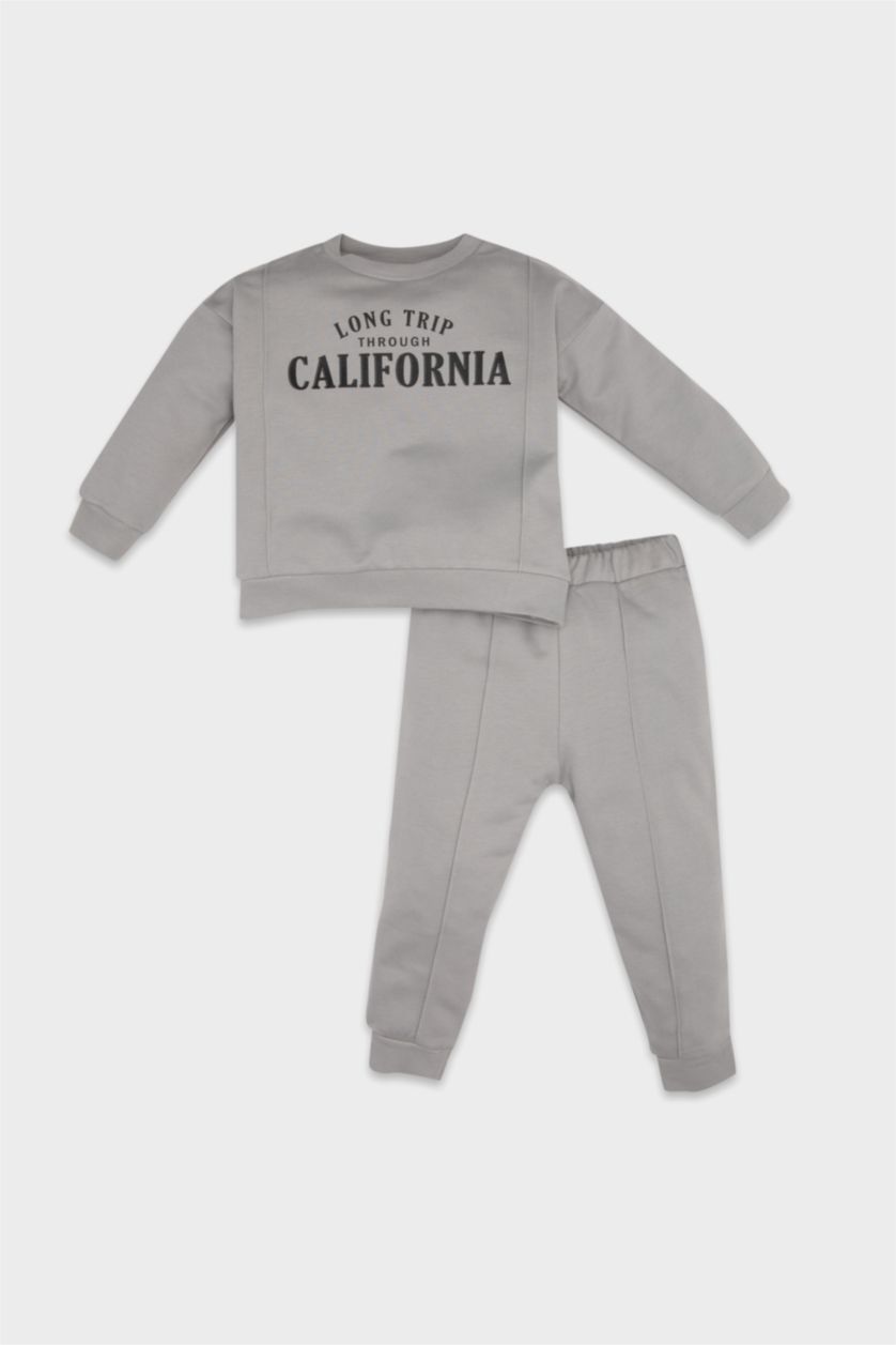 Erkek Bebek Gri Erkek Bebek 2'li Takım Baskılı İnce Sweatshirt Eşofman Altı