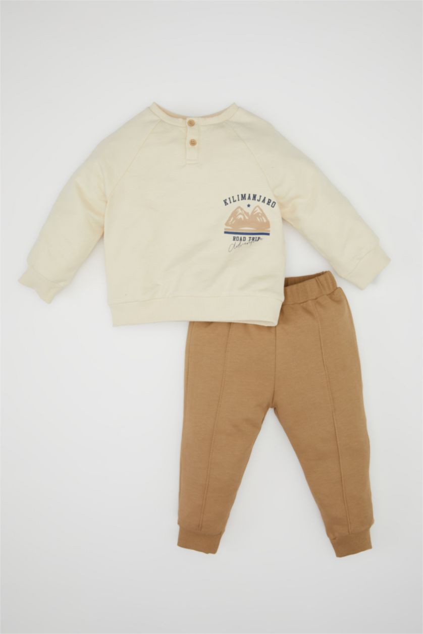 Erkek Bebek Bej Erkek Bebek 2'li Takım Baskılı Sweatshirt Eşofman Altı
