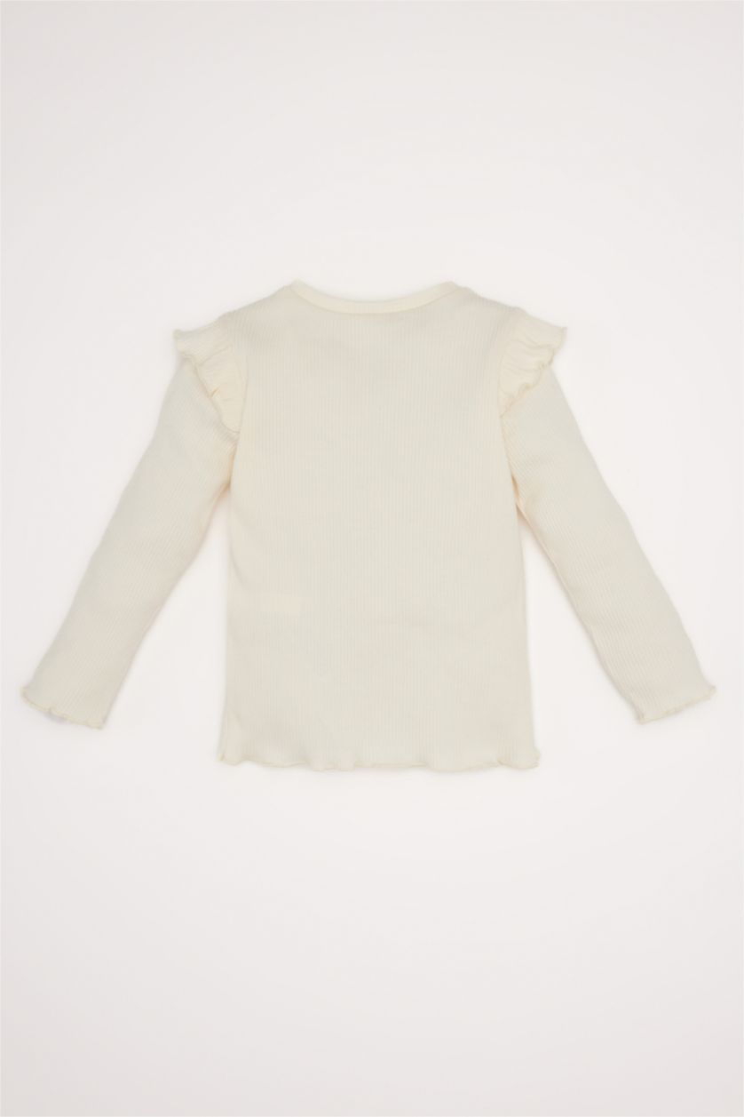 Kız Bebek Ekru Kız Bebek Bisiklet Yaka Balerin Baskılı Fitilli Kaşkorse Uzun Kollu Tişört