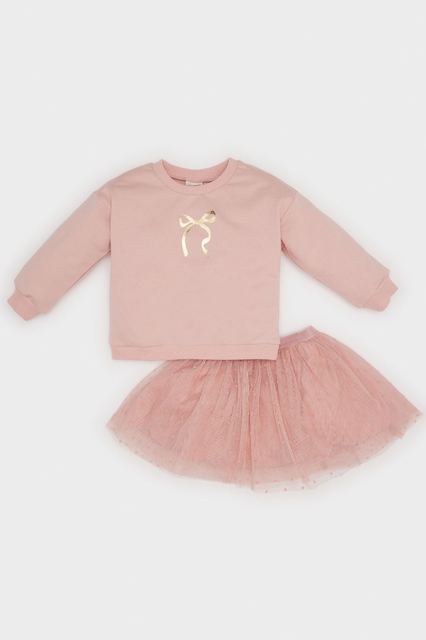 Kız Bebek Pembe Kız Bebek 2'li Takım Parlak Baskılı Sweatshirt Tütü Etek