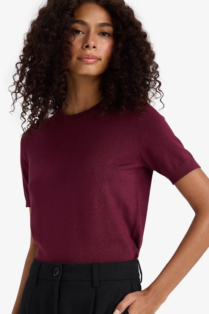 Kadın Bordo Regular Fit Bisiklet Yaka Kısa Kollu Triko Kazak