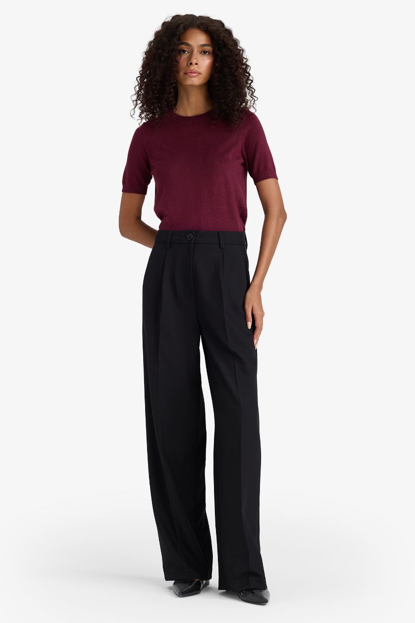 Kadın Bordo Regular Fit Bisiklet Yaka Kısa Kollu Triko Kazak