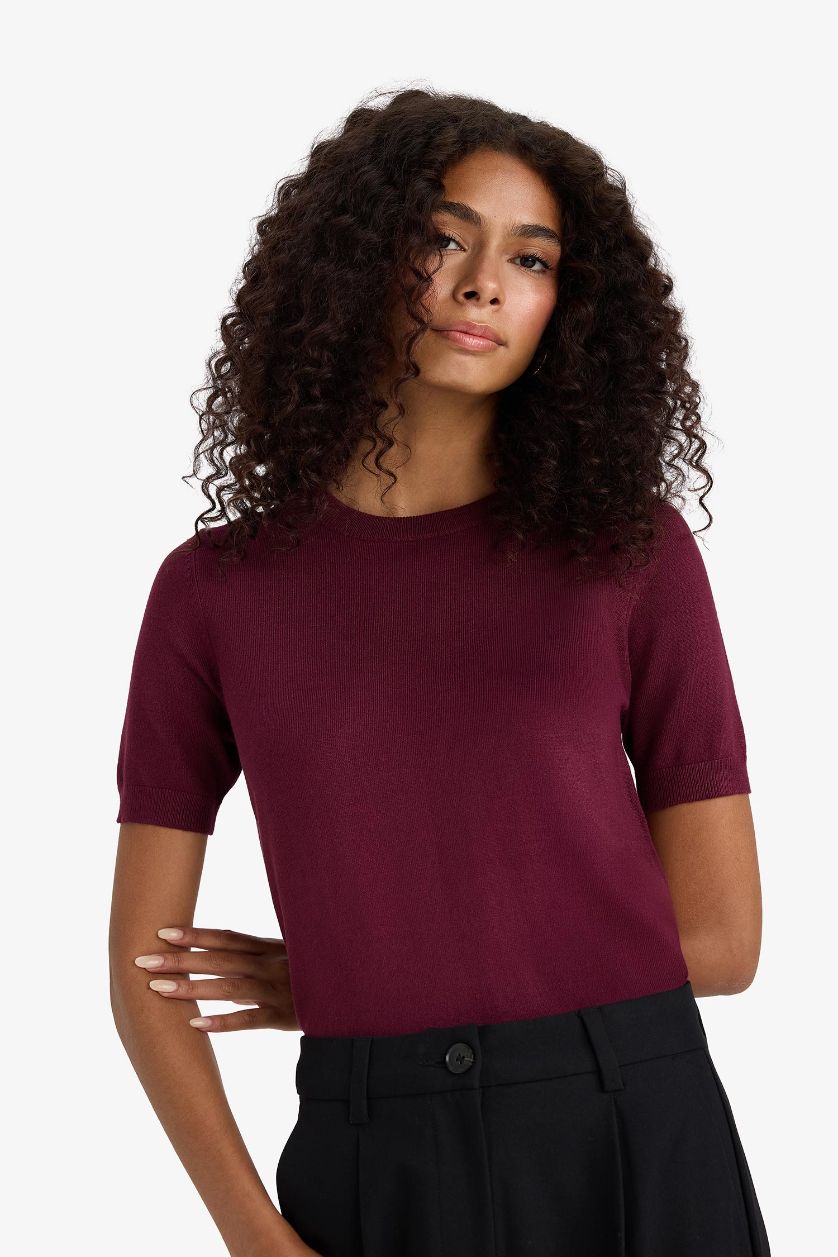 Kadın Bordo Regular Fit Bisiklet Yaka Kısa Kollu Triko Kazak