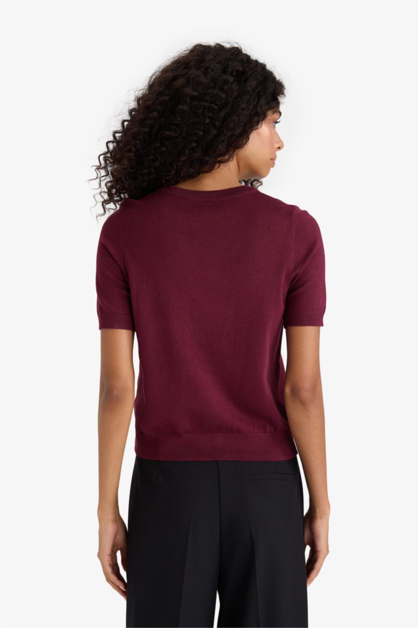 Kadın Bordo Regular Fit Bisiklet Yaka Kısa Kollu Triko Kazak