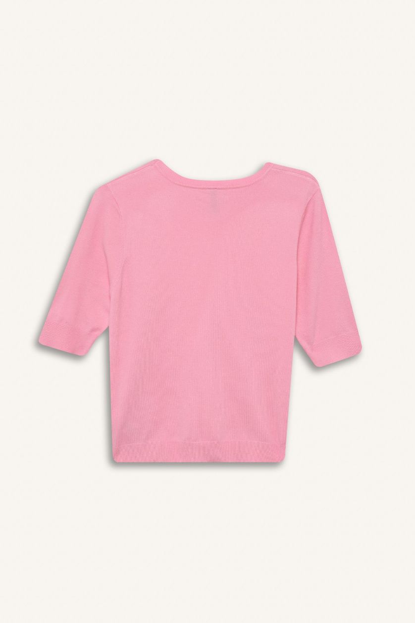 Kadın Pembe Regular Fit Bisiklet Yaka Basic Düz Kısa Kollu Triko Kazak