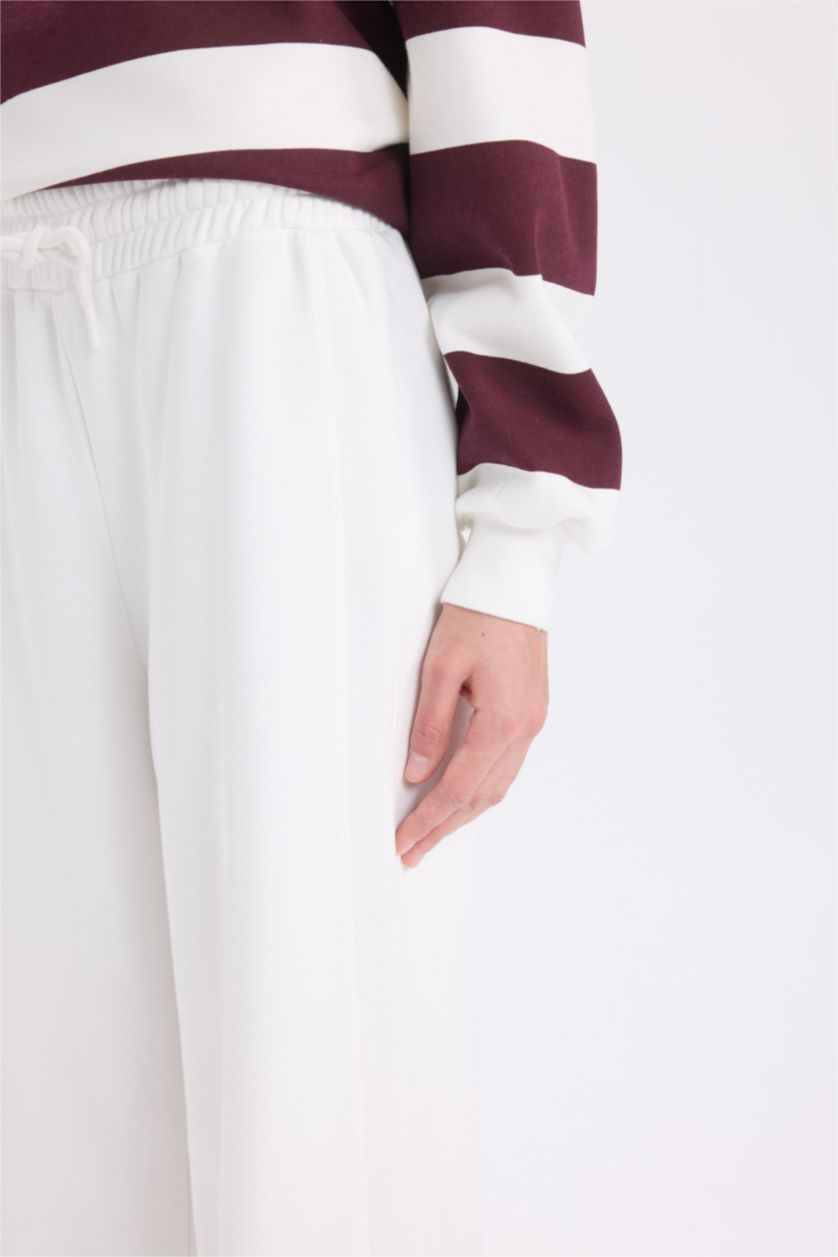 Kadın Ekru Standart Fit Jogger Kalın Kışlık Eşofman Altı Basıc Beli Lastikli Uzun Boy