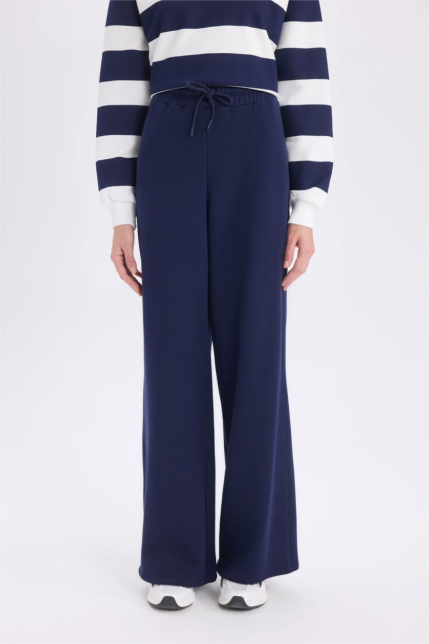 Kadın Lacivert Standart Fit Jogger Kalın Kışlık Eşofman Altı Basic Düz Beli Lastikli Geniş Paça Uzun Boy