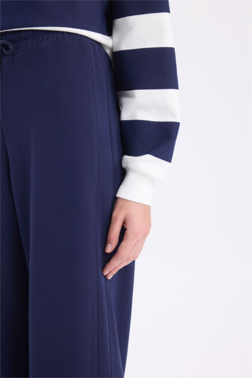 Kadın Lacivert Standart Fit Jogger Kalın Kışlık Eşofman Altı Basic Düz Beli Lastikli Geniş Paça Uzun Boy